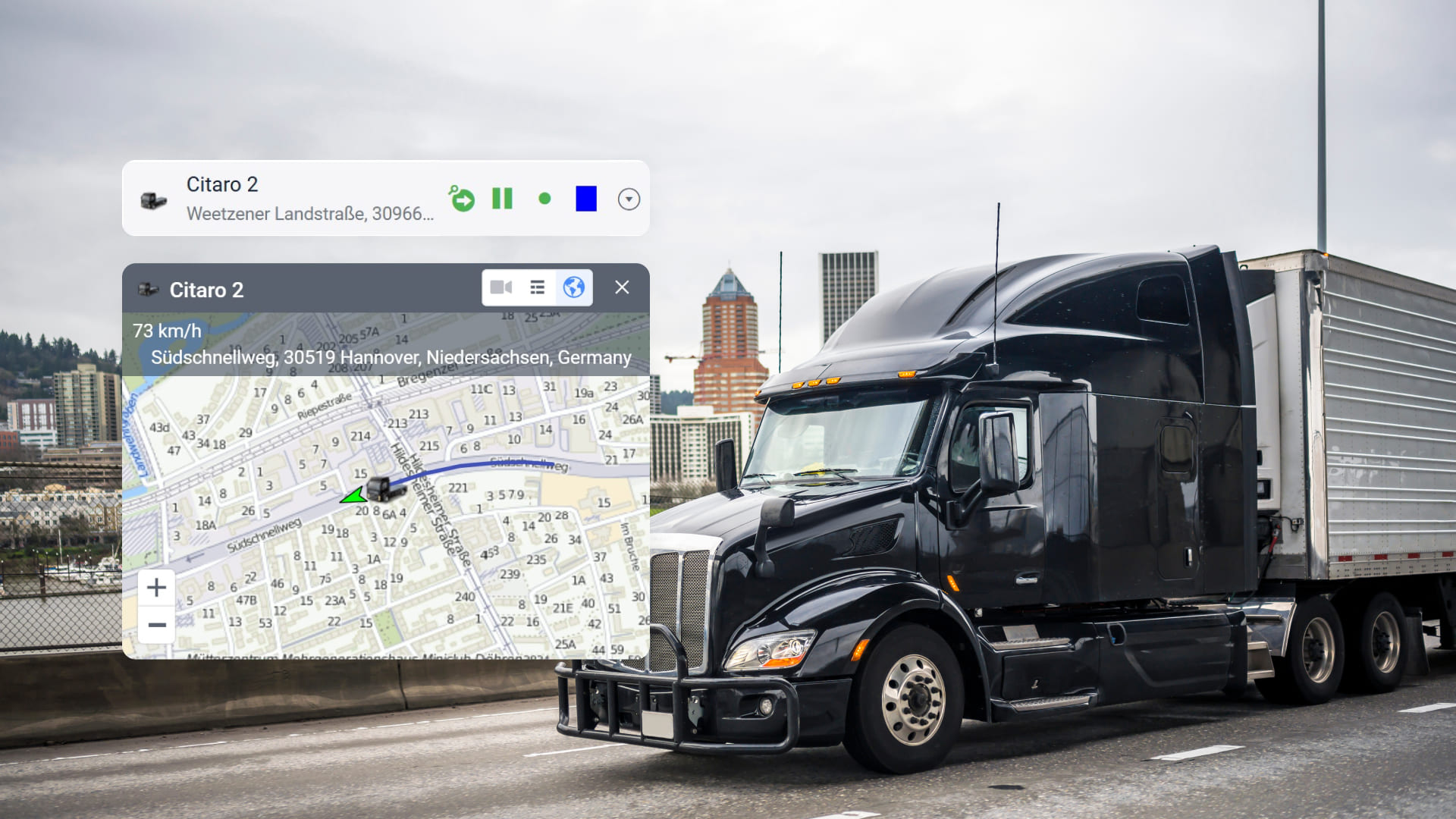 A black 18-wheeler on a highway, Terminus GPS tracking platform component overlaid.