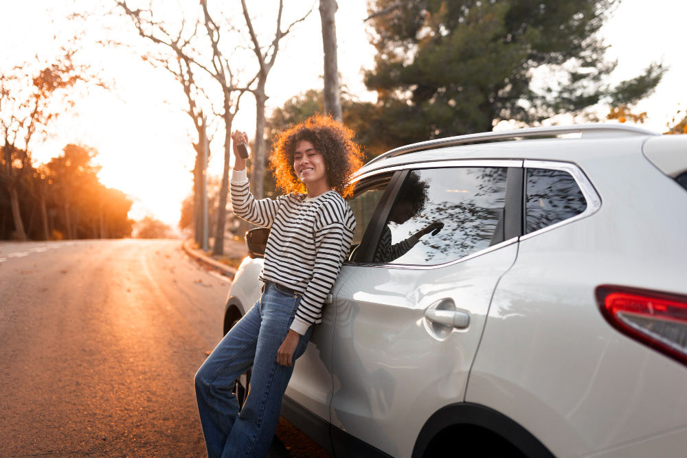 A young woman leaning against the driver side of a vehicle jinging car keys next to her face.