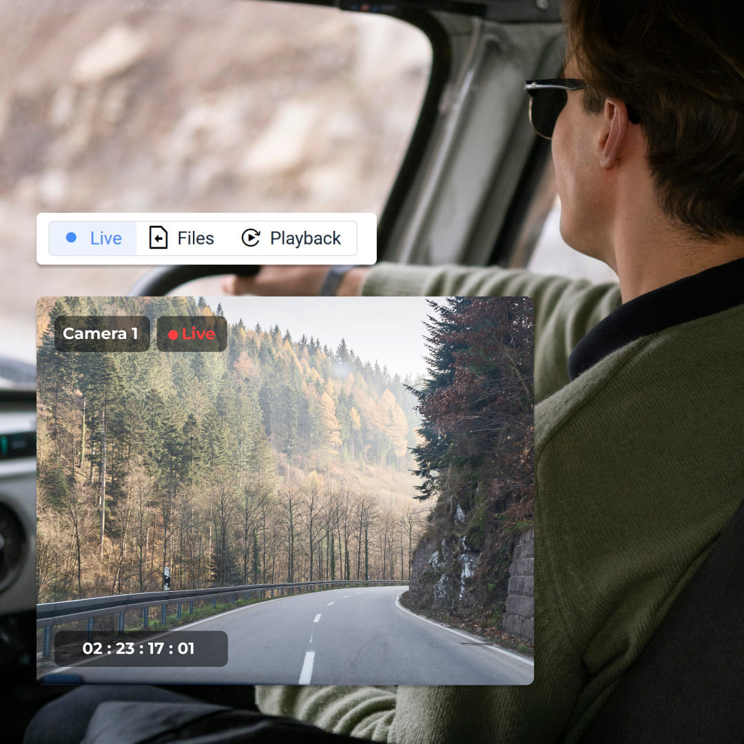 An over-the-shoulder shot of a man driving down a mountain pass.