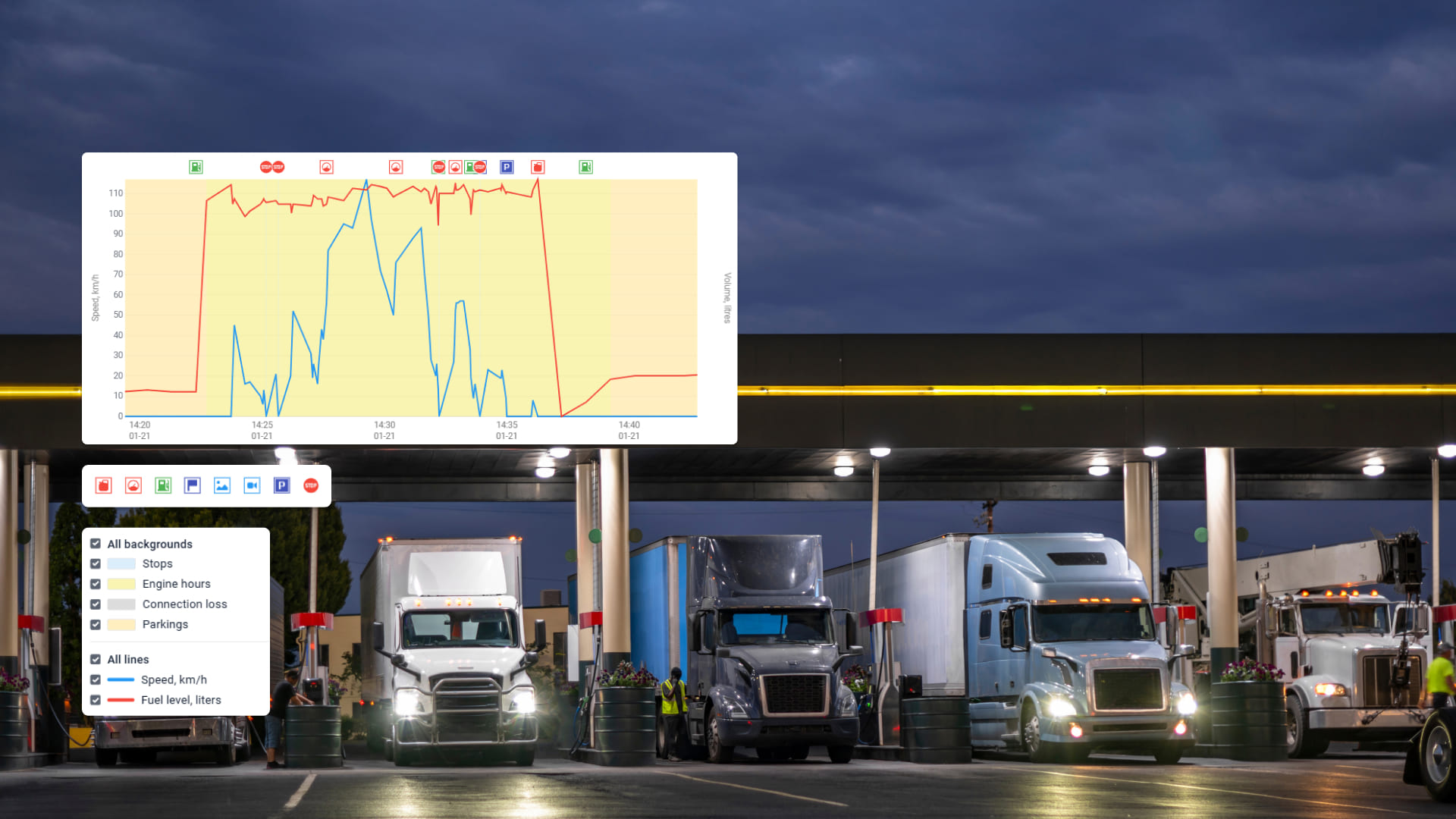 Multiple 18-wheelers refueling at a truck stop