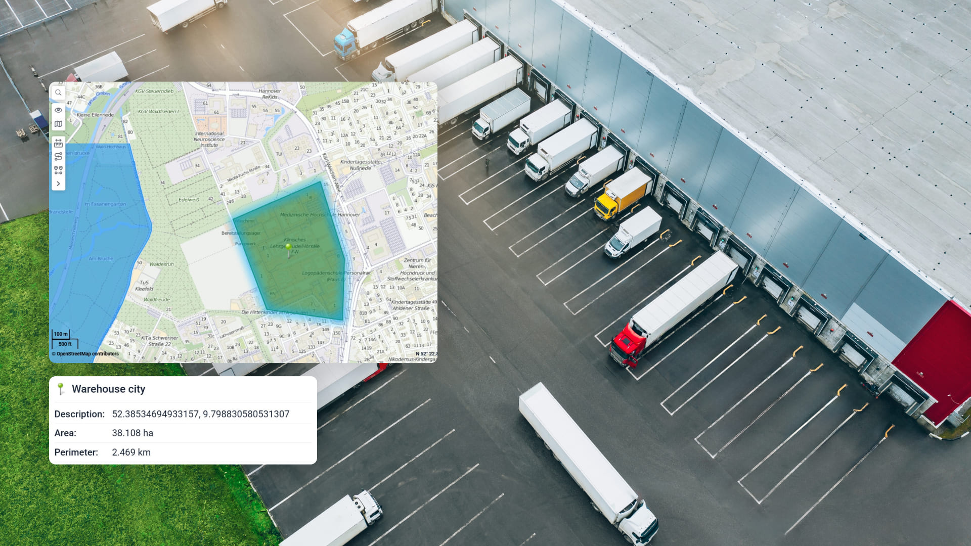 A busy loading bay with an example geofence overlaid